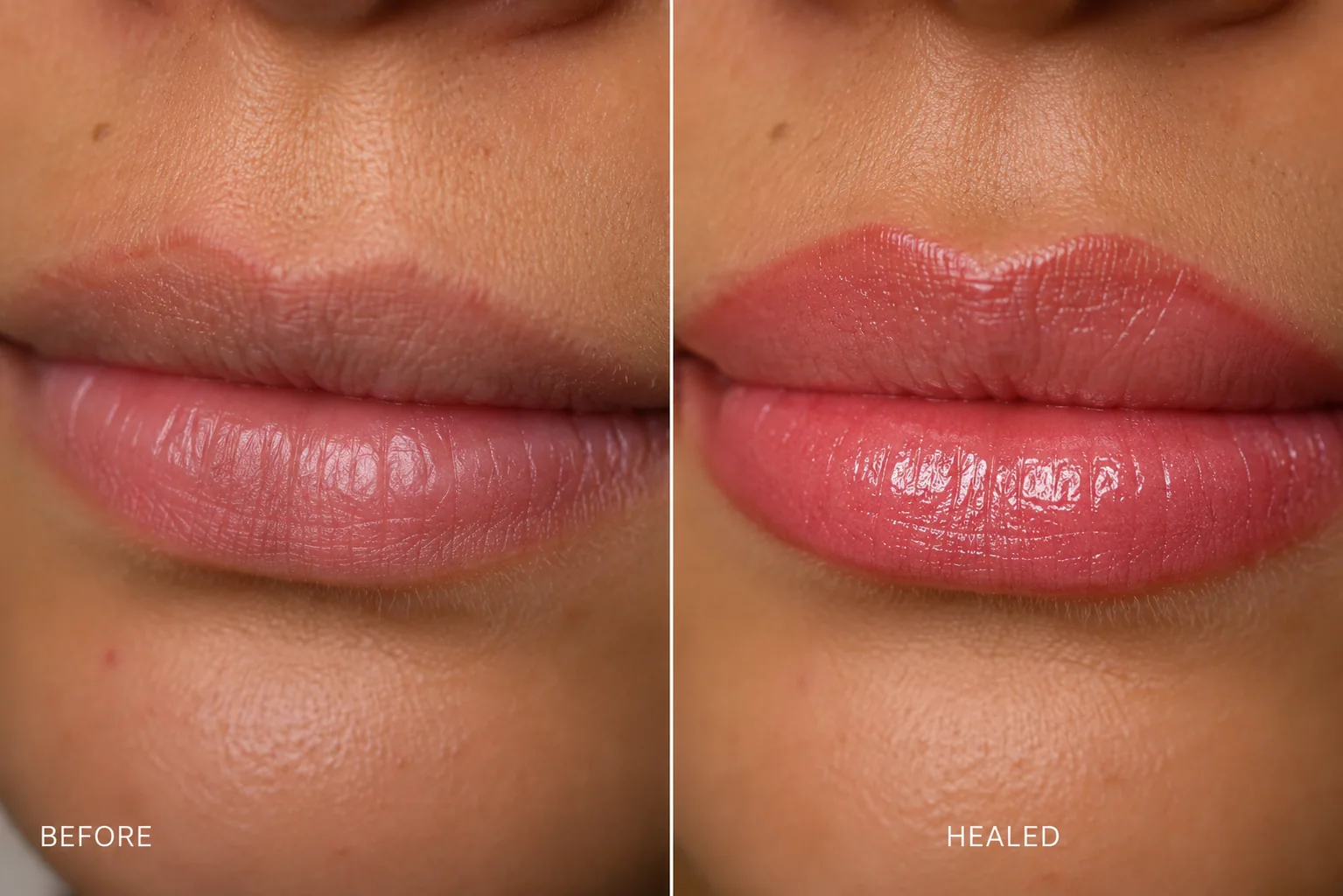 Before and healed lip blush comparison from Browhouse Academy