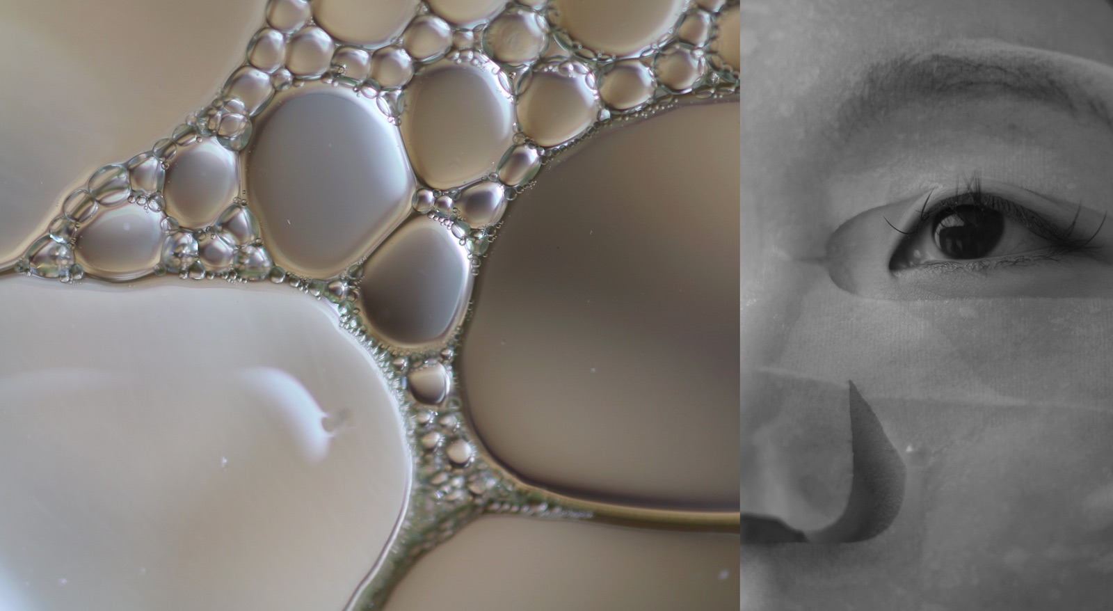 RE-CODE SKIN formula macro beside a portrait in grayscale